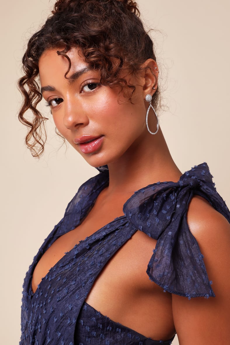 Blissful Direction Navy Tie-Strap Clip Dot Bustier Midi Dress