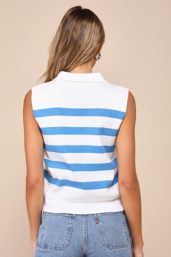 Lulus Unbelievably Chic White Striped Collared Sleeveless Sweater Top In White
