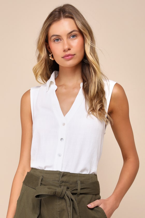 LULUS CASUAL CONTENTMENT IVORY LINEN BUTTON-UP COLLARED TANK TOP