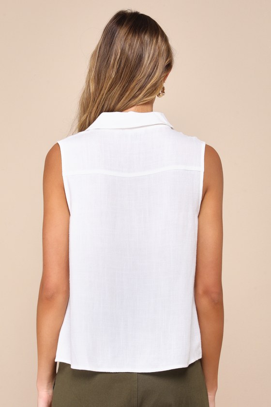 LULUS CASUAL CONTENTMENT IVORY LINEN BUTTON-UP COLLARED TANK TOP