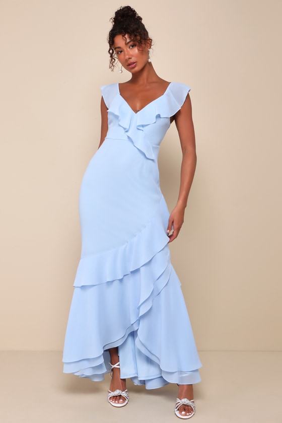 Shop Lulus Charming Event Light Blue Asymmetrical Ruffled Maxi Dress