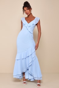 Charming Event Light Blue Asymmetrical Ruffled Maxi Dress