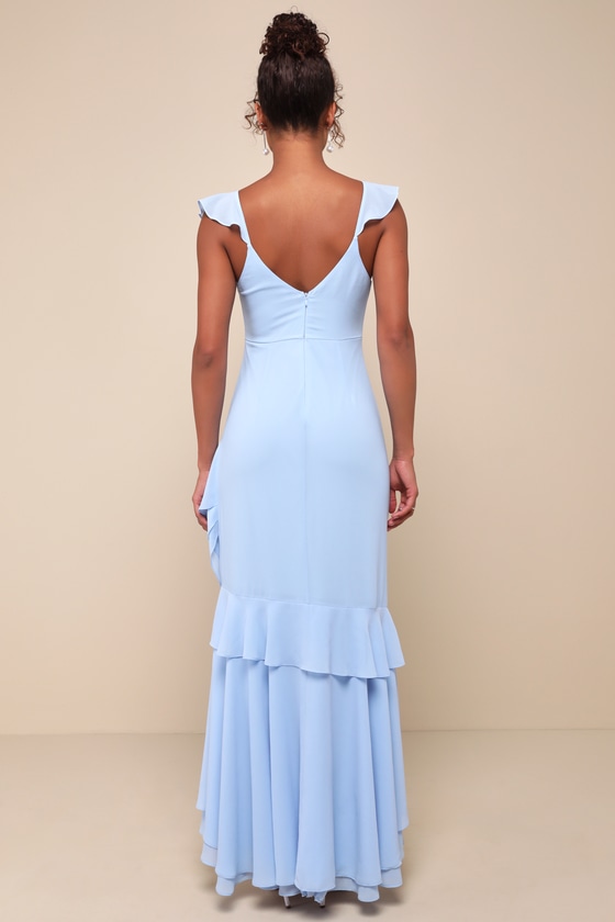 Shop Lulus Charming Event Light Blue Asymmetrical Ruffled Maxi Dress