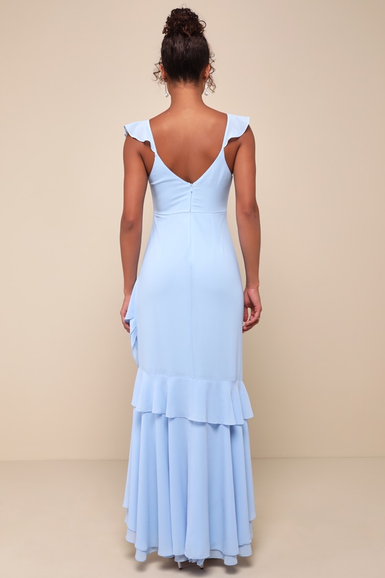 Lulus Charming Event Light Blue Asymmetrical Ruffled Maxi Dress In Light Blue