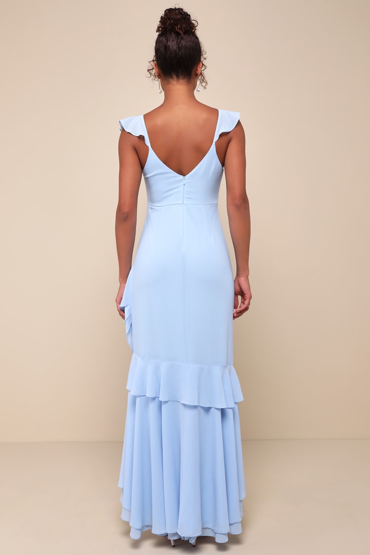 Charming Event Light Blue Asymmetrical Ruffled Maxi Dress