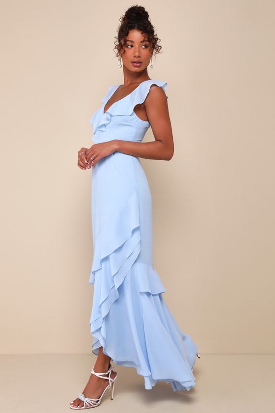 Lulus Charming Event Light Blue Asymmetrical Ruffled Maxi Dress In Light Blue