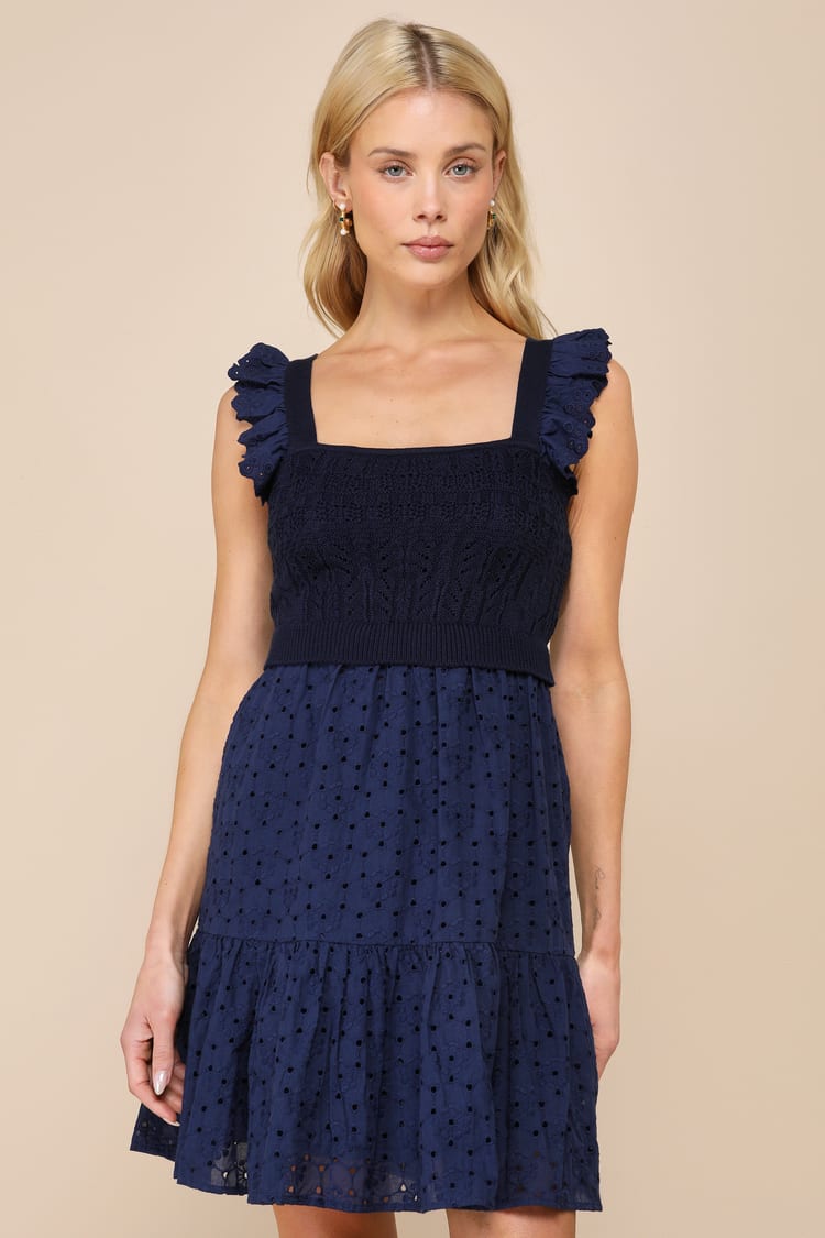Navy Blue Eyelet Dress - Knit Top Dress - Knit Eyelet Mini Dress - Lulus Navy Blue Eyelet Dress - Knit Top Dress - Knit Eyelet Mini Dress - Lulus