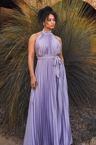 Impressive Perfection Lavender Satin Pleated Backless Maxi Dress