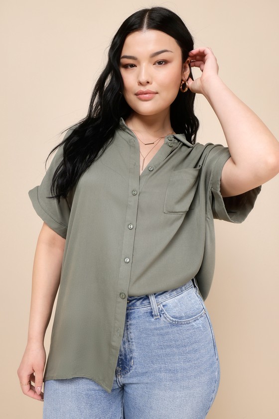 Blythe Olive Green Short Sleeve Button-Up Top 5