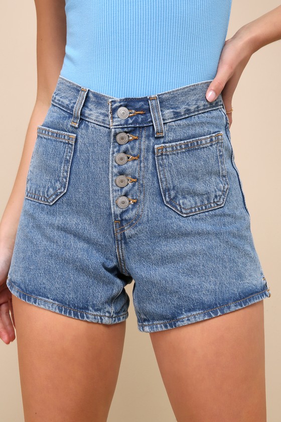 80s Mom Medium Wash Button Fly High-Rise Denim Shorts 4
