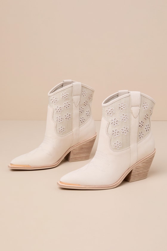 Shop Dolce Vita Nashe Oatmeal Nubuck Leather Floral Eyelet Western Ankle Boots In Beige