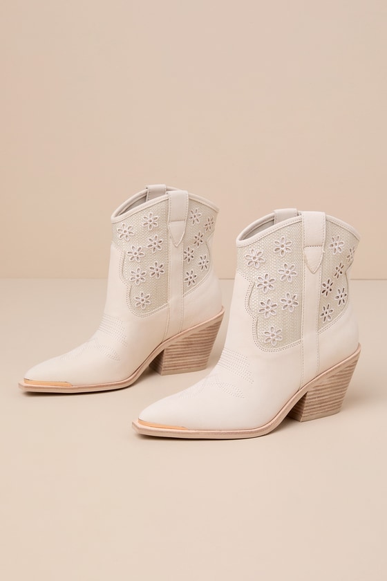 Nashe Oatmeal Nubuck Leather Floral Eyelet Western Ankle Boots 2