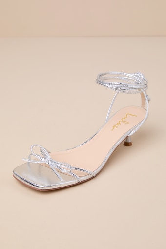 Darbie Silver Textured Square Toe Lace-Up Kitten Heel Sandals