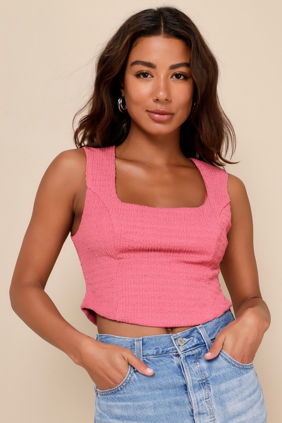 Lulus Chic Endearment Pink Textured Square Neck Cropped Tank Top