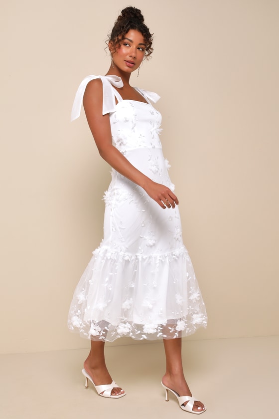Lulus Effortlessly Sweet White Tulle 3d Floral Tie-strap Midi Dress In White