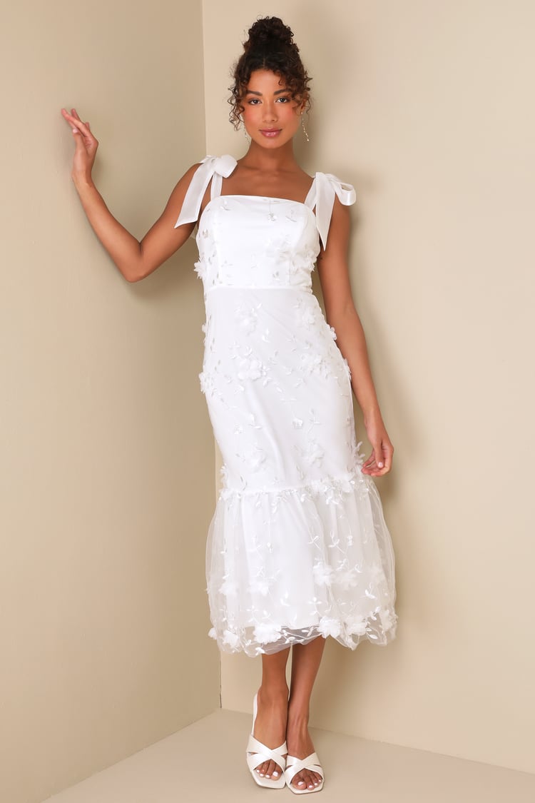 Divinely Adored White Embroidered Floral Tie-Strap Midi Dress