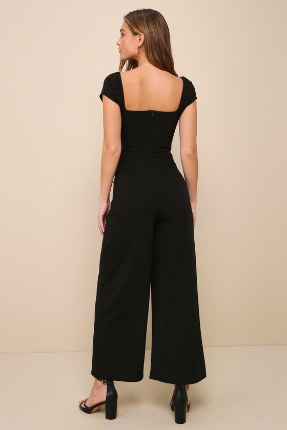 Lulus Essential Invitee Black Cap Sleeve Wide-leg Jumpsuit In Black