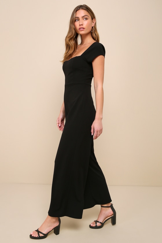Lulus Essential Invitee Black Cap Sleeve Wide-leg Jumpsuit In Black