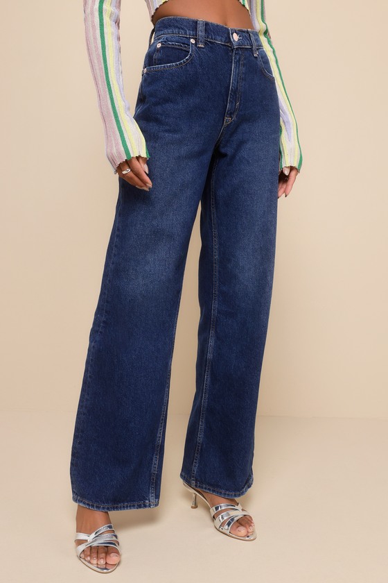 Shop Free People Tinsley Dark Wash Baggy High Rise Wide Leg Jeans In Blue