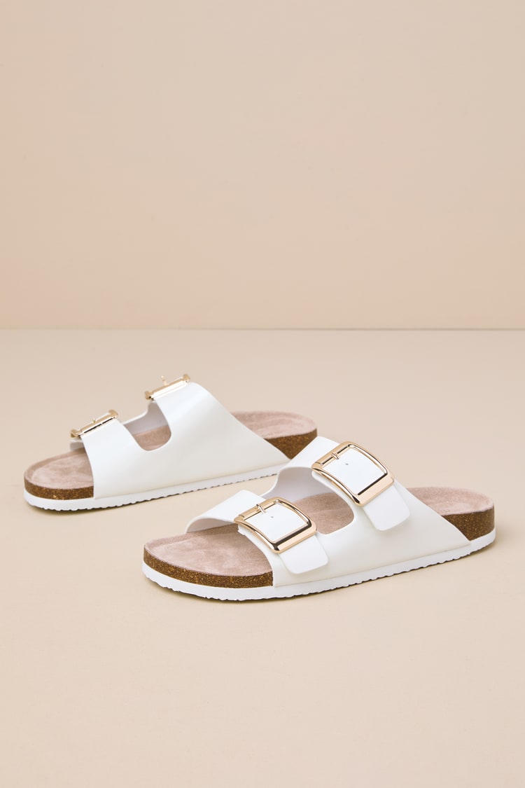 Bodiee White Patent Buckle Slide Sandals