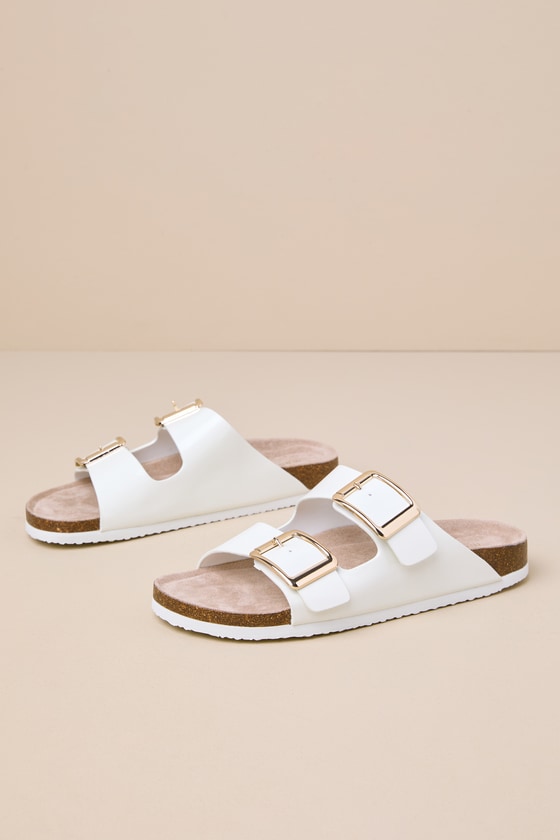 Bodiee White Patent Buckle Slide Sandals 2