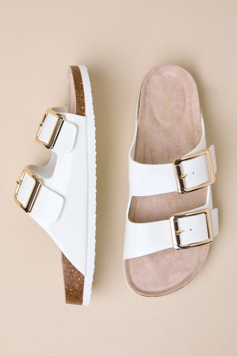 Bodiee White Patent Buckle Slide Sandals