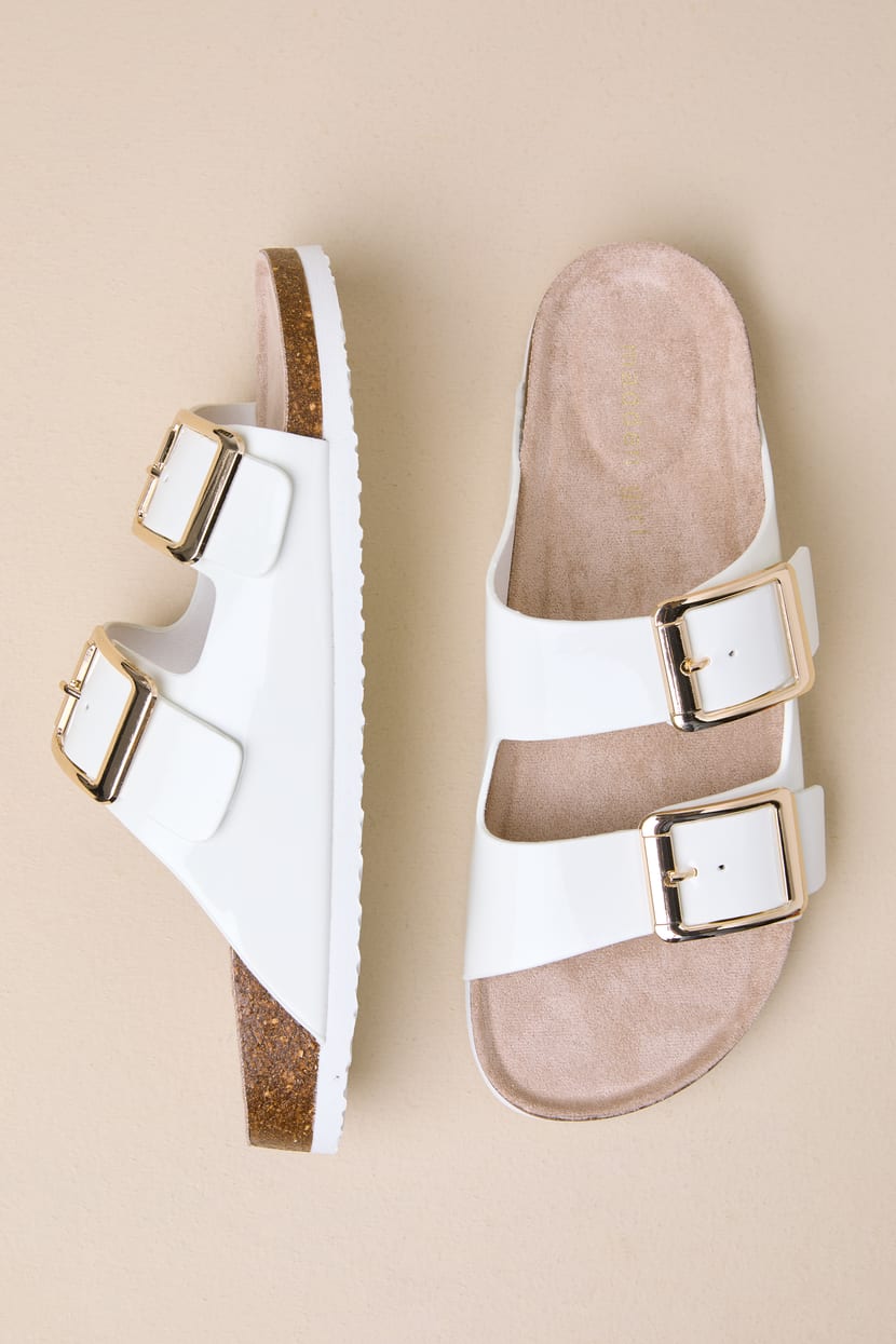 Madden Girl Natural Bodiee Patent Buckle Slide Sandals