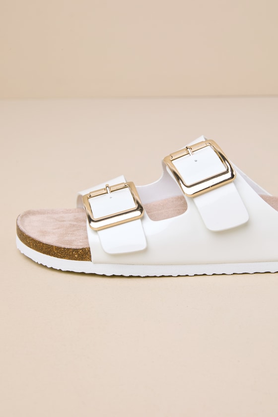 Shop Madden Girl Bodiee White Patent Buckle Slide Sandals