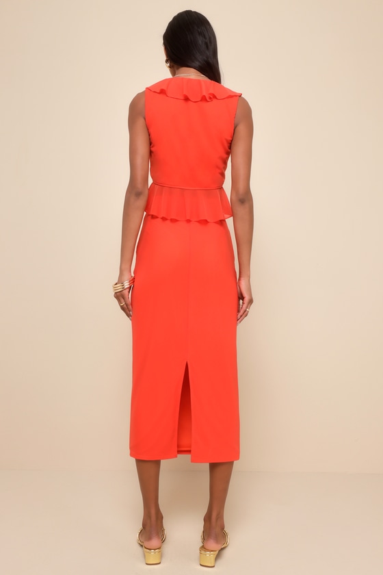 LULUS FLIRTATIOUS MATCH BRIGHT RED MESH TIE-FRONT TWO-PIECE MIDI DRESS