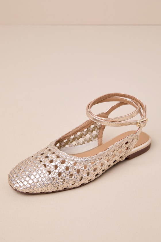 Monet Light Gold Metallic Woven Ankle Strap Flats 1