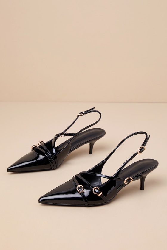 Jeani Black Patent Buckle Slingback Kitten Heel Pumps 2