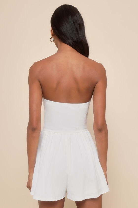 LULUS WAIT ON ME WHITE RIBBED KNIT STRAPLESS ROMPER 