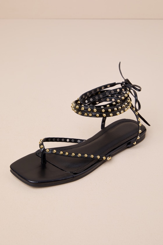 Shop Lulus Aimie Black Studded Lace-up Thong Sandals