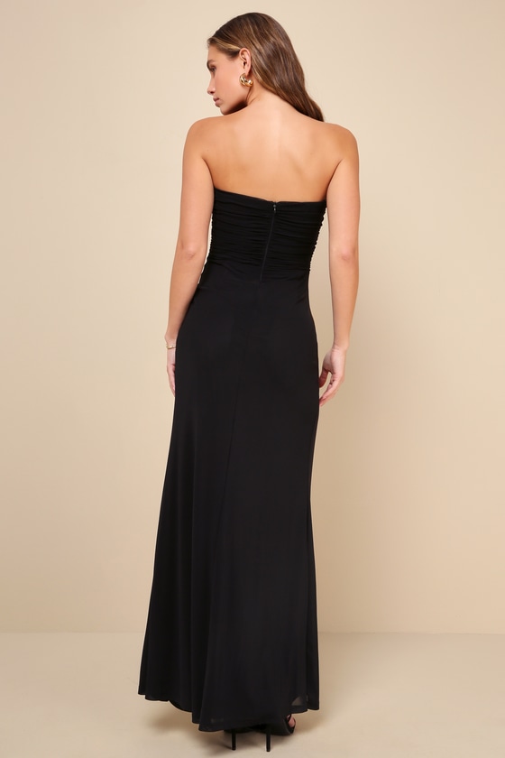 Lulus Epitome Of Allure Black Mesh Strapless Ruched Tulip Maxi Dress In Black