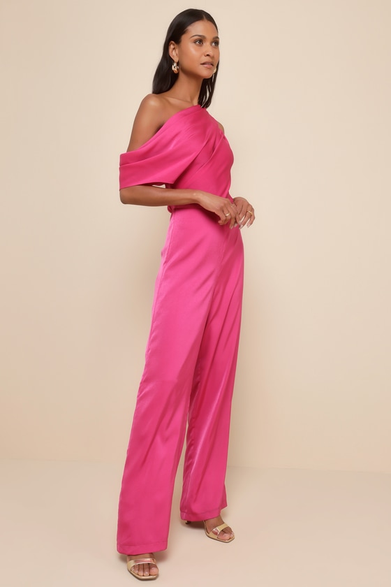 Babe Energy Fuchsia Satin One-Shoulder Wide Leg Jumpsuit 1