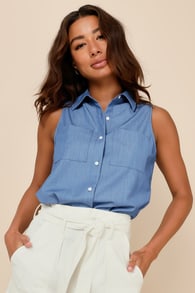 Effortless Selection Blue Chambray Sleeveless Button-Up Top