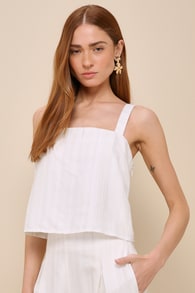Chic Tranquility Ivory Striped Linen Tank Top