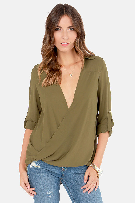 Sexy Olive Green Top - Long Sleeve Blouse - V Neck Top - $36.00 - Lulus