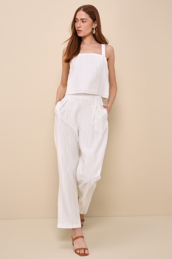 Lulus Chic Tranquility Ivory Striped High-rise Wide-leg Linen Pants