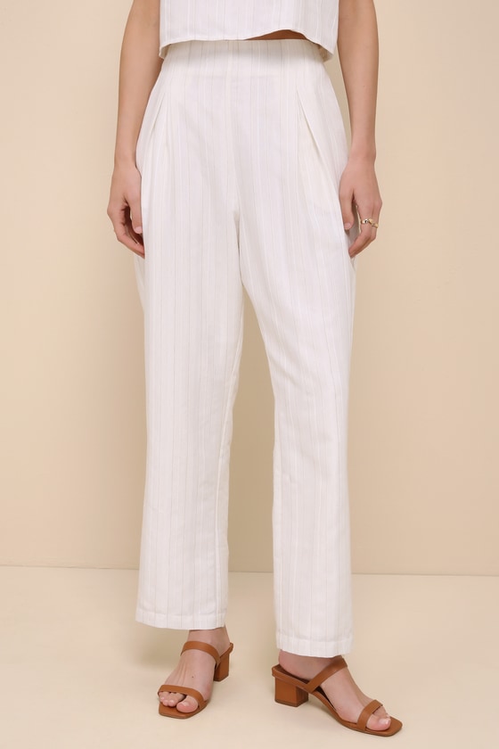 Shop Lulus Chic Tranquility Ivory Striped High-rise Wide-leg Linen Pants
