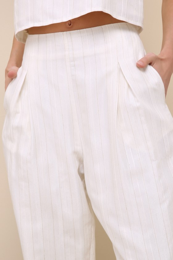 Shop Lulus Chic Tranquility Ivory Striped High-rise Wide-leg Linen Pants