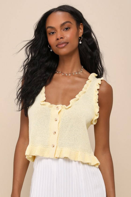 Lulus Smiling Sweetie Light Yellow Knit Ruffled Sleeveless Sweater Top