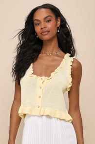 Smiling Sweetie Light Yellow Knit Ruffled Sleeveless Sweater Top 2
