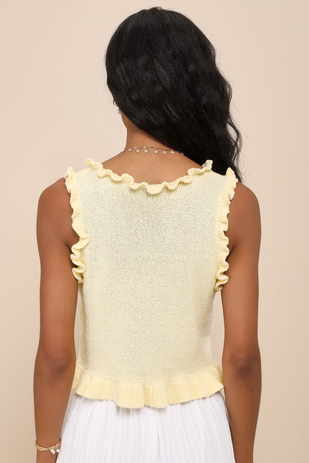 Smiling Sweetie Light Yellow Knit Ruffled Sleeveless Sweater Top