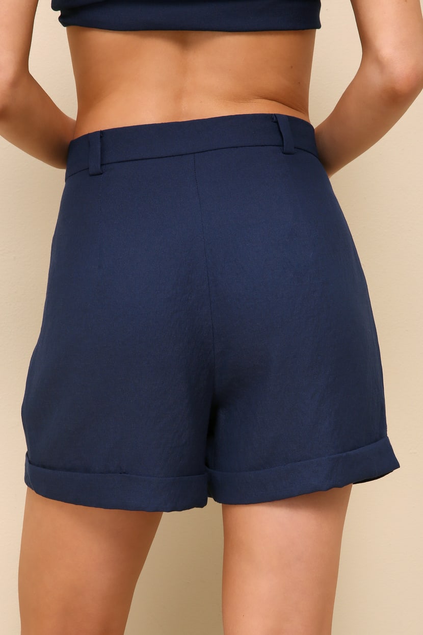 navy blue dress shorts womens Navy Blue Women's 2 Piece Outfit Textured Crop Tops Elastic Waist Flow –  Lookbook Store