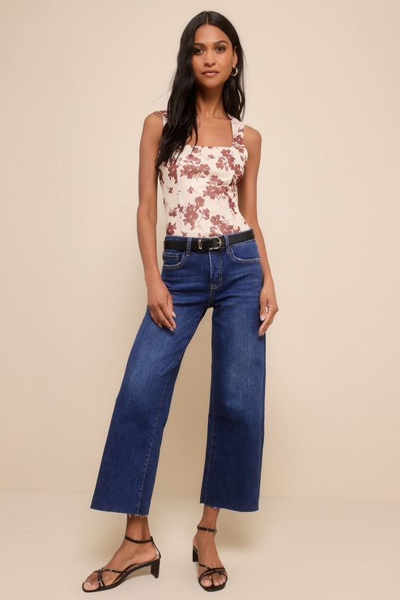 Vervet Favorite Mood Dark Wash Mid-rise Wide-leg Cropped Denim Jeans In Blue