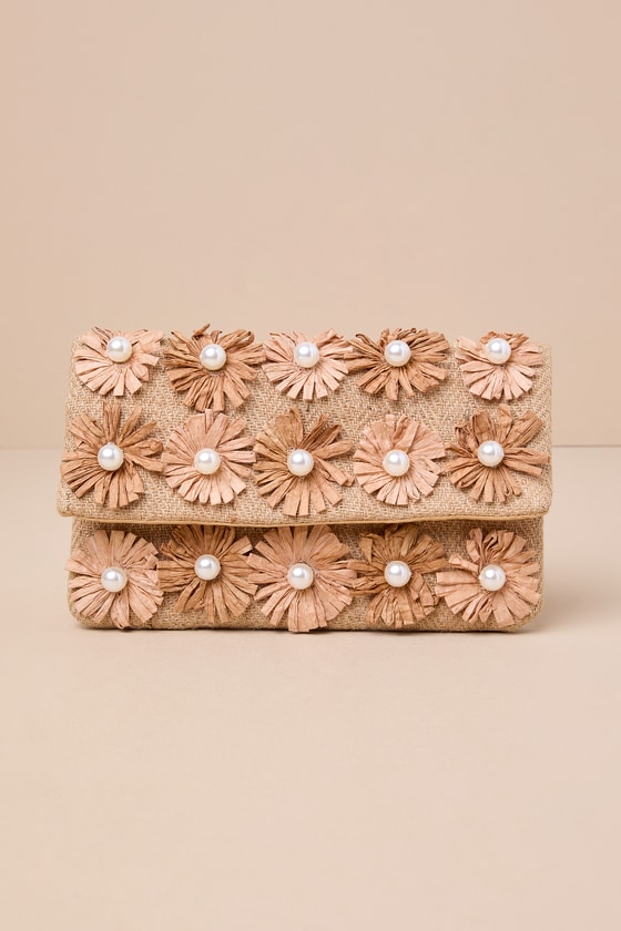 Shop Lulus Cabana Personality Natural Straw Pearl Flower Clutch In Beige