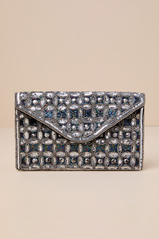 Glittering Choice Black and Silver Beaded Sequin Clutch 2