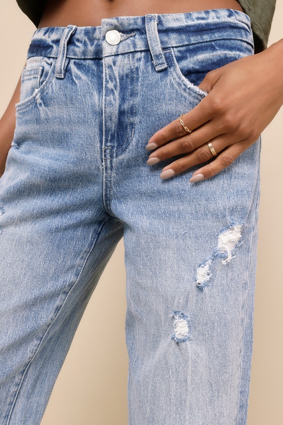 Shop Vervet Olivia Light Wash Distressed Mid Rise Cropped Denim Jeans In Blue
