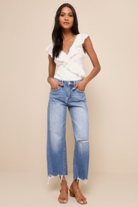 Olivia Medium Wash High Rise Distressed Denim Jeans